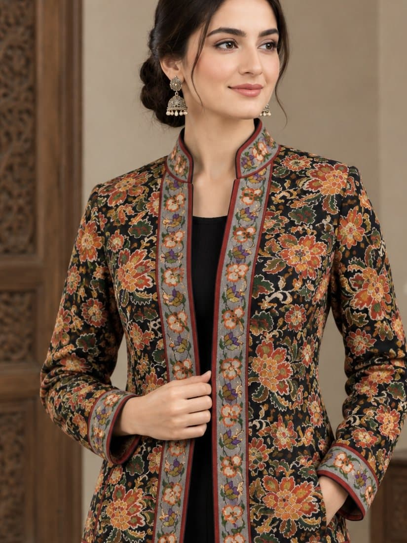 Demo image: a woman wearing a black jacket woven with orange, red and green florals and a grey floral border